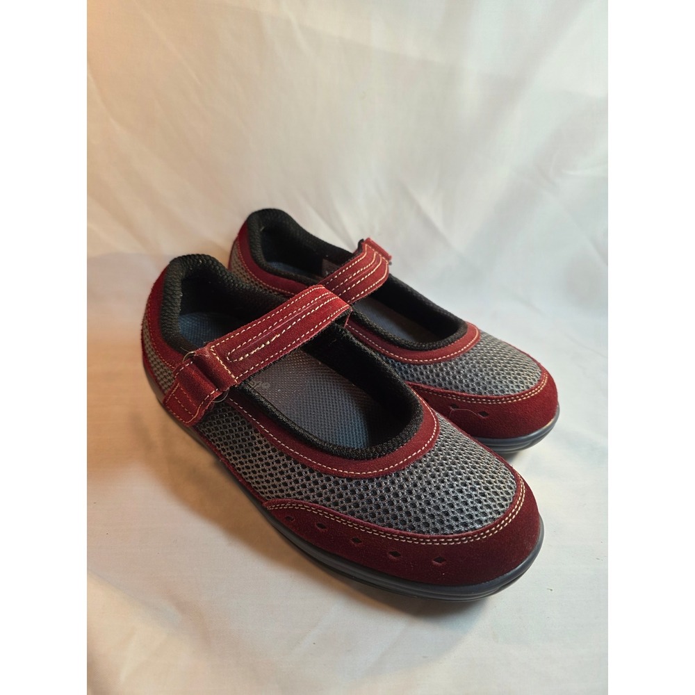 OrthoFeet 859 Mary Jane Walking Shoes Red Grey Mesh Suede Womens 6.5